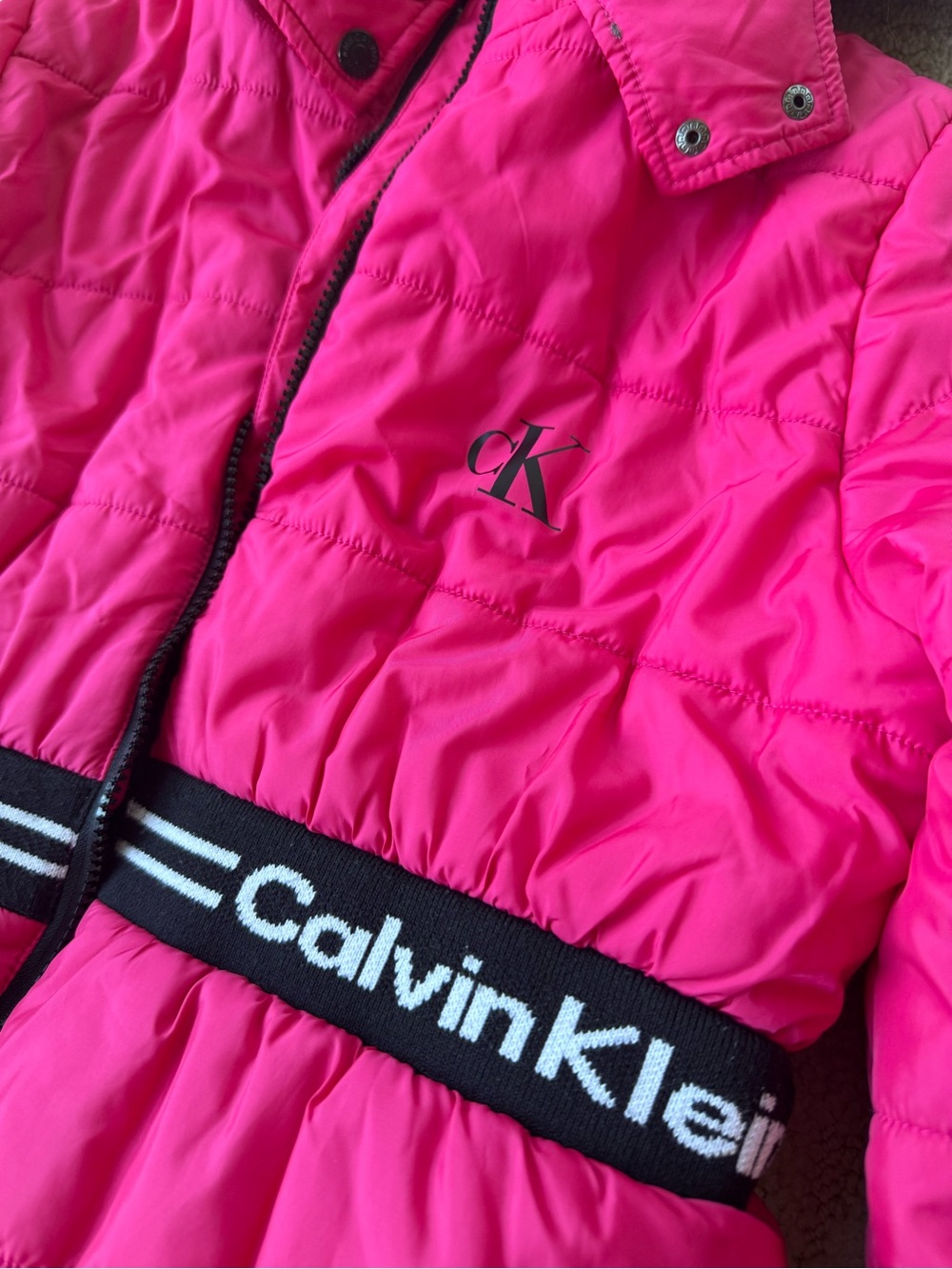 Calvin Klein Hot Pink Quilted Puffer Jacket with Logo Waistband